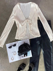 Pleated Plain V- Neck Tie Up Cardigans Tops - Muselune