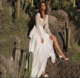 Bohemian chiffon stitching lace deep V-neck waist net dress & coverup - Muselune