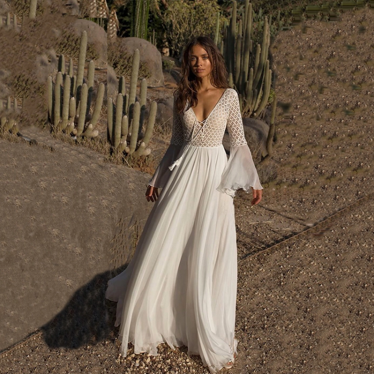Bohemian chiffon stitching lace deep V-neck waist net dress & coverup - Muselune