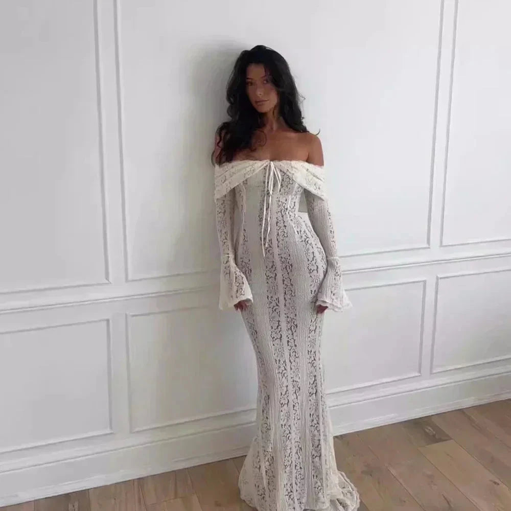 Suninheart Off-Shoulder Lace Maxi Dress – Elegant Flare Sleeve Bodycon - Muselune
