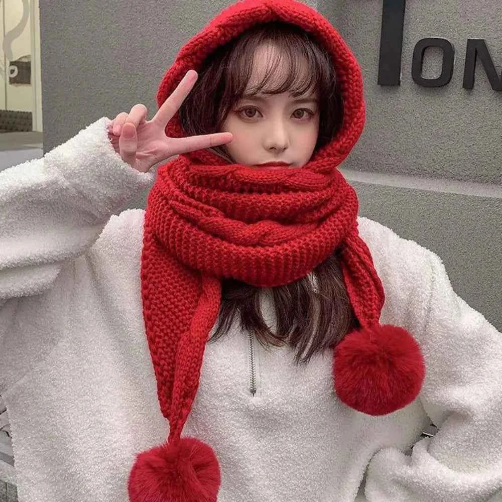 Cute Hooded Hat Ear Protection Thickened Knitted Hat /Scarf