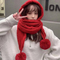 Cute Hooded Hat Ear Protection Thickened Knitted Hat /Scarf