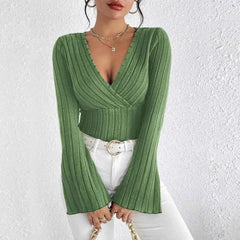Knit Long-sleeved Tops, V-neck Sexy Slim Striped Women's Tops - Muselune