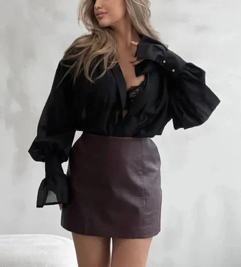 French Sexy Sheer with Puff Sleeves Style Shirt