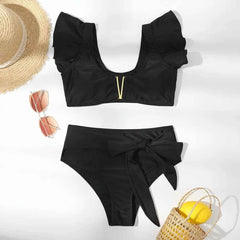 Ruffled Bikini Set – High Waist V-Neck Flounce Swimwear - Muselune