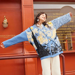 Muse Van Gogh Art Painting Floral Jacquard Knitwear Coat - Muselune