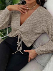 White Deep V-Neck Knit Crop Slim Top - Muselune