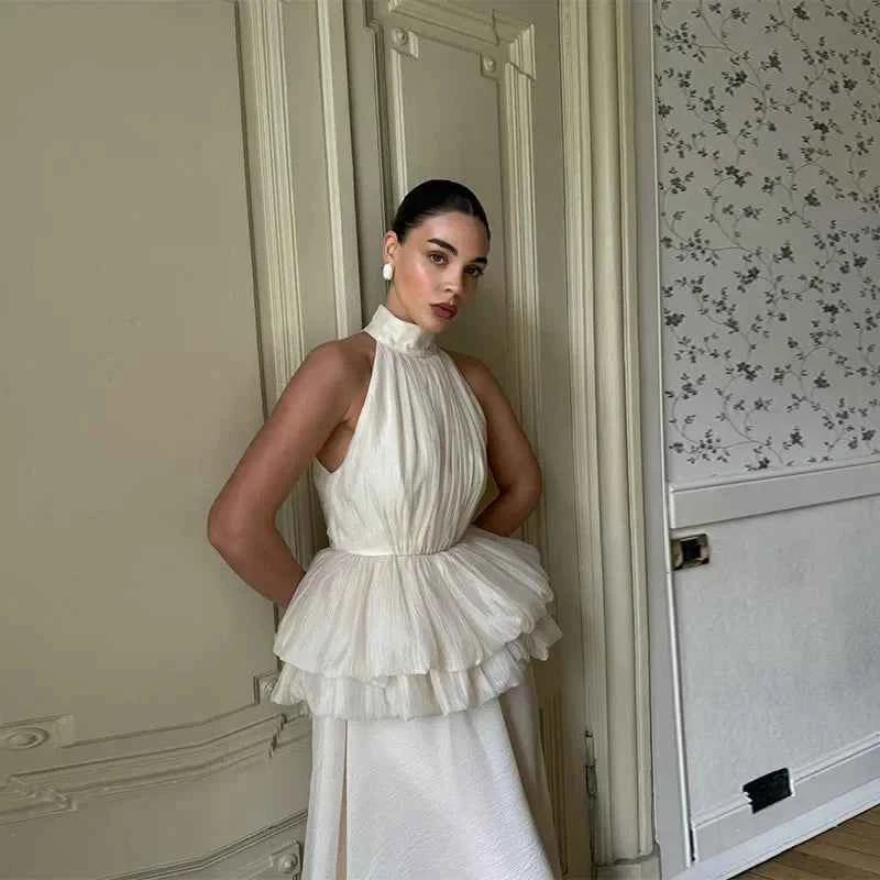 White O-neck Elegant Pleated Top Long Skirt Sets Muselune