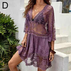 Sexy Mesh Bikini Cover-Up – Deep V-Neck Lace Beach Dress - Muselune