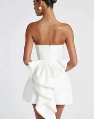 Elegant Pearl Bow Backless Mini short Dress - Muselune