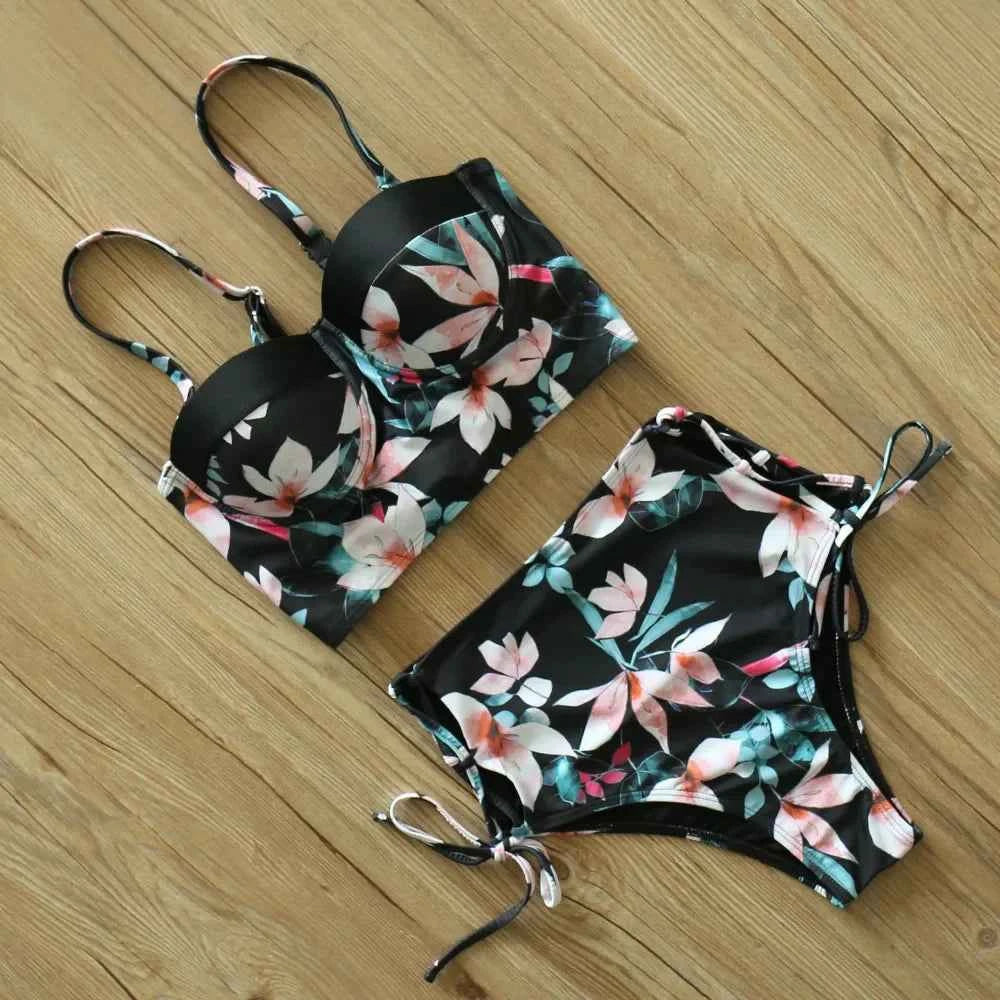 Floral Bandage Bikini – High Waist Push-Up Two-Piece - Muselune