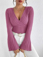 Knit Long-sleeved Tops, V-neck Sexy Slim Striped Women's Tops - Muselune