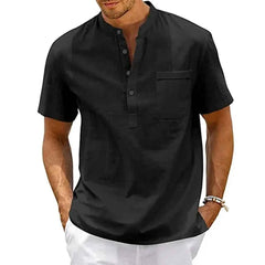 Men's Cotton Linen Henley Shirt with Pocket