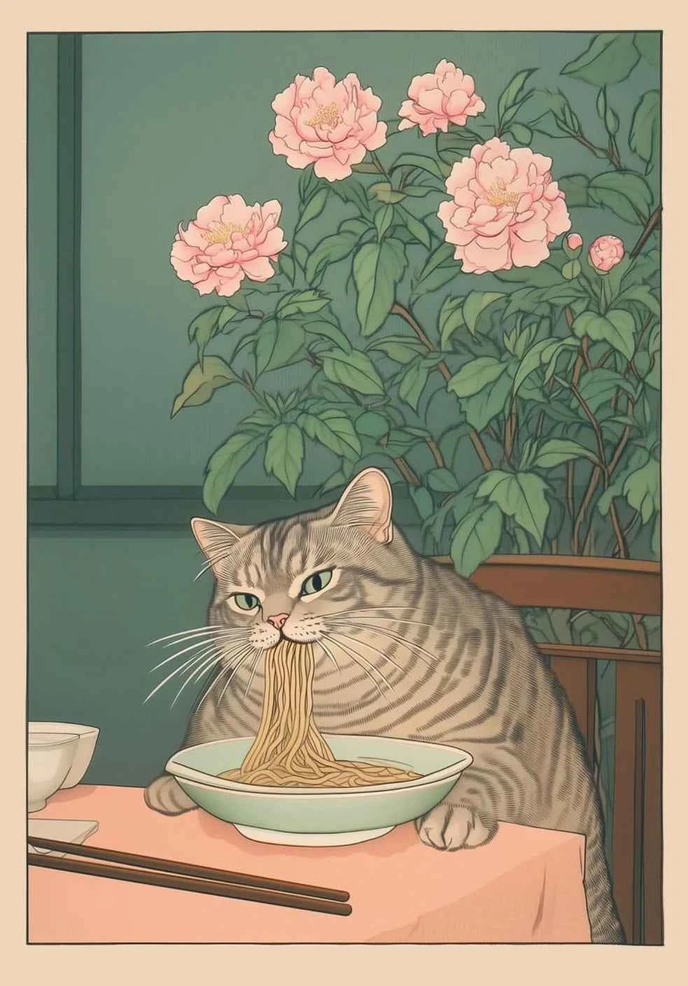 Japanese Tabby Cat Poster – Retro Art for Japandi Decor - Muselune