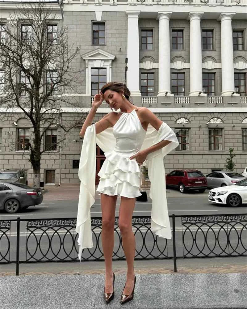 Mozision Ruffle Mini Dress – Shawl Sleeve & Lace-Up Back - Muselune