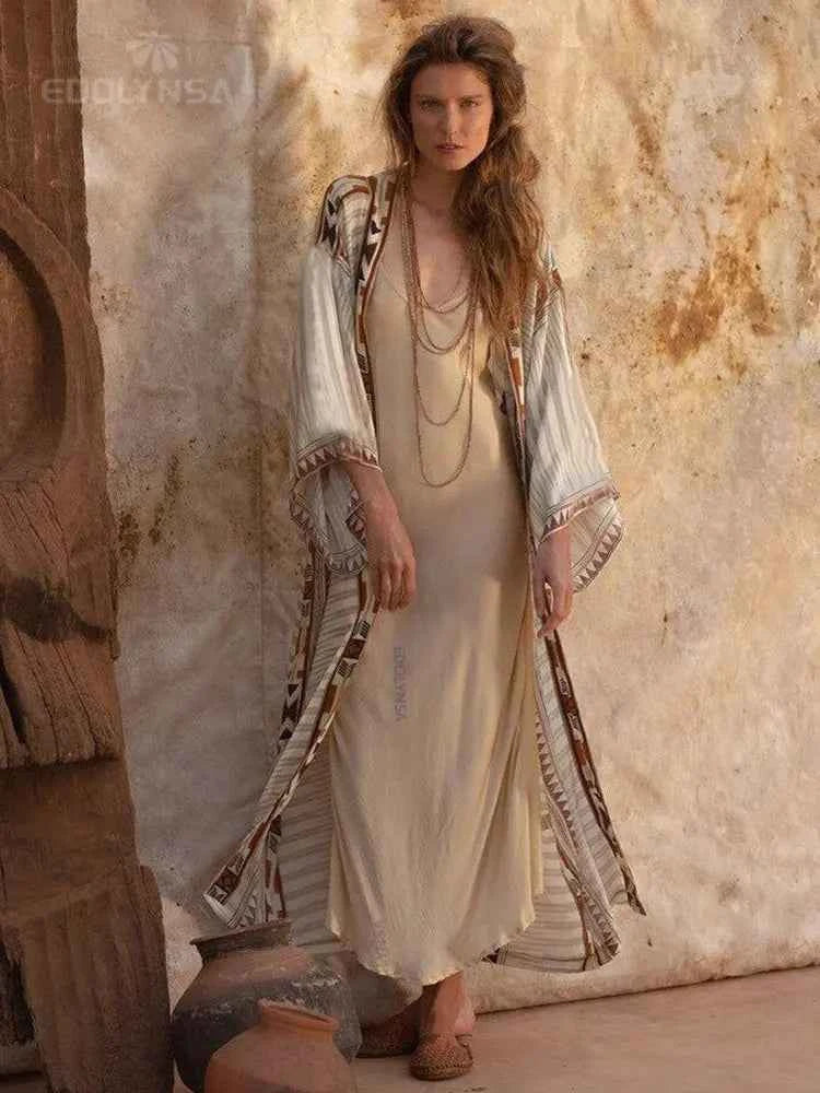 Boho Print Kimono Cover-Up – Belted Beach Dress - Muselune