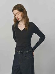 Wool Knit T-Shirt V-Neck Elegant Office Casual Minimalist Top - Muselune