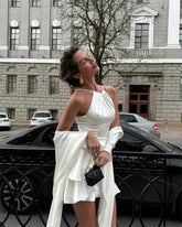 Mozision Ruffle Mini Dress – Shawl Sleeve & Lace-Up Back