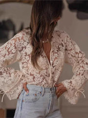 Lace Blouse – Sheer Hollow Long Sleeve Top & Coats - Muselune