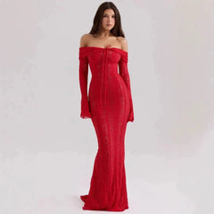 Suninheart Off-Shoulder Lace Maxi Dress – Elegant Flare Sleeve Bodycon - Muselune