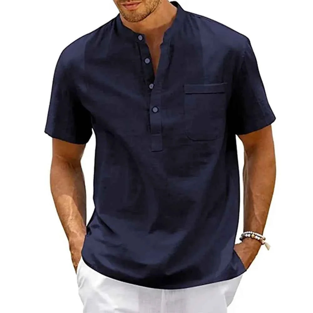 Men's Cotton Linen Henley Shirt with Pocket