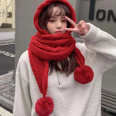 Cute Hooded Hat Ear Protection Thickened Knitted Hat /Scarf
