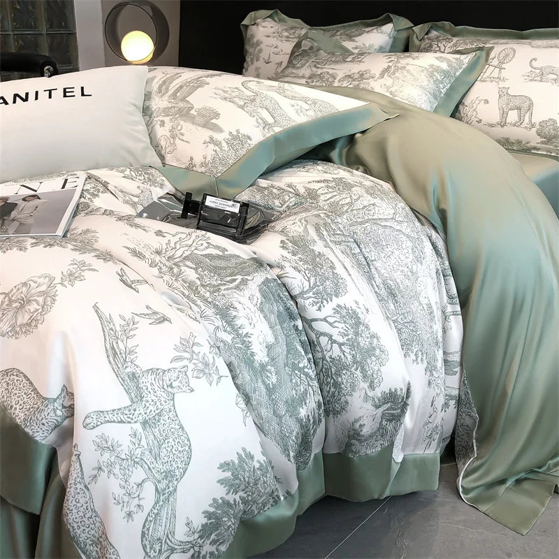 Silky Soft Lyocell Bedding Set – Eucalyptus Fiber, Forest & Leopard Print - Muselune