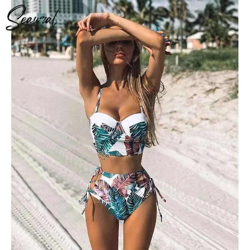 Floral Bandage Bikini – High Waist Push-Up Two-Piece - Muselune