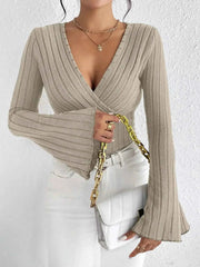 Knit Long-sleeved Tops, V-neck Sexy Slim Striped Women's Tops - Muselune