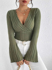 Knit Long-sleeved Tops, V-neck Sexy Slim Striped Women's Tops - Muselune
