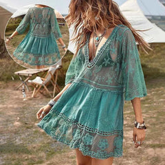Sexy Mesh Bikini Cover-Up – Deep V-Neck Lace Beach Dress - Muselune