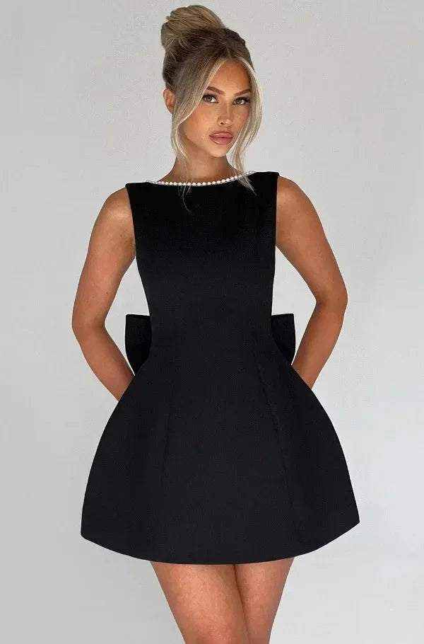Elegant Pearl Bow Backless Mini short Dress - Muselune