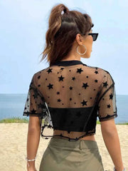 Star Print Mesh Crop Top – Drop Shoulder, Summer Style - Muselune
