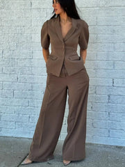 Solid Color Minimalism V-Neck Suit Coat Top & Straight Leg Pants Suits - Muselune