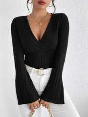 Knit Long-sleeved Tops, V-neck Sexy Slim Striped Women's Tops - Muselune