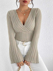 Knit Long-sleeved Tops, V-neck Sexy Slim Striped Women's Tops - Muselune