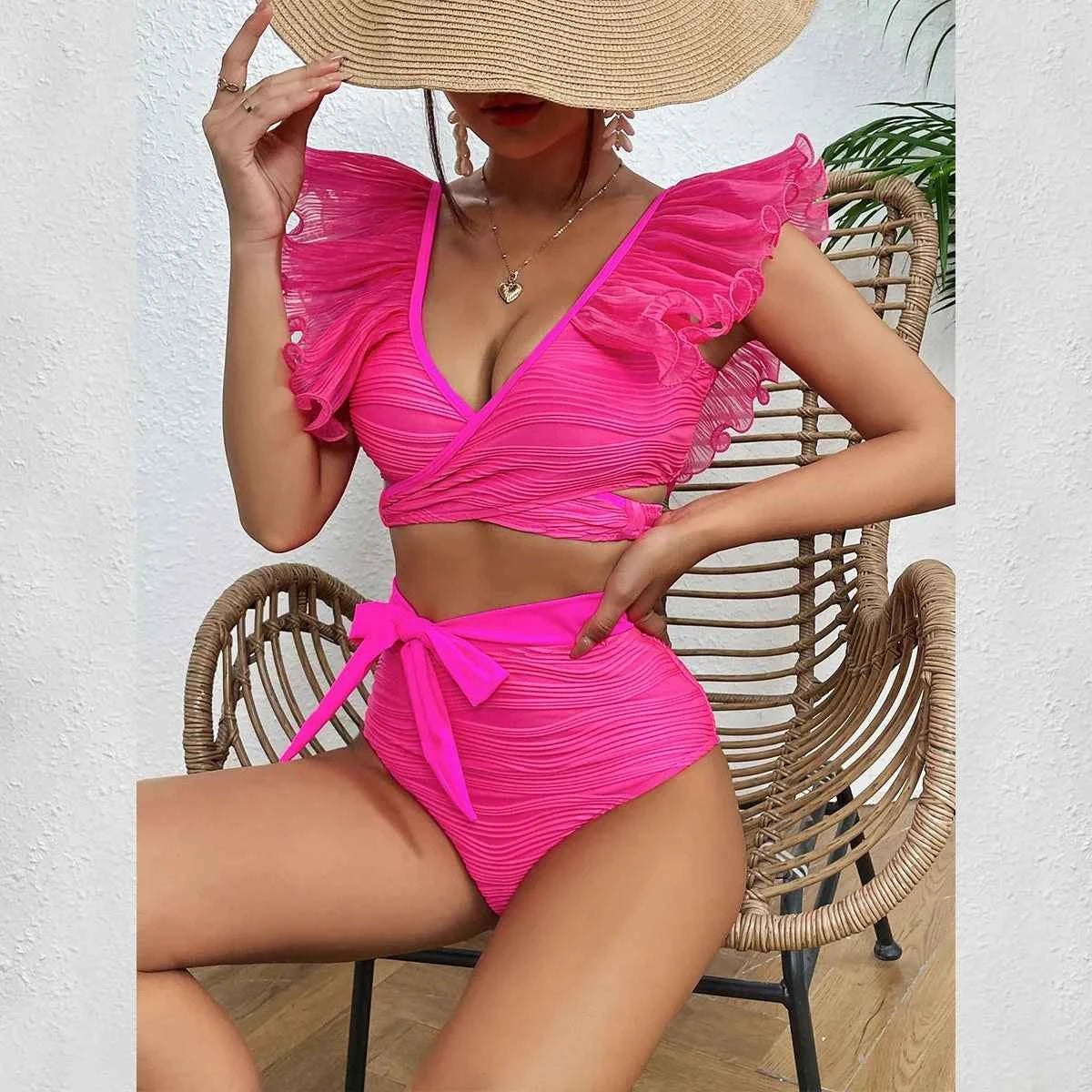 Ruffled Bikini Set – High Waist V-Neck Flounce Swimwear - Muselune