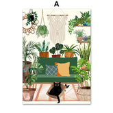 Black Cat & Green Plants Canvas – Abstract Boho Aesthetic Wall Art - Muselune