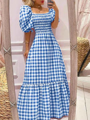 Vintage Plaid Sundress – Short Sleeve Boho Maxi - Muselune