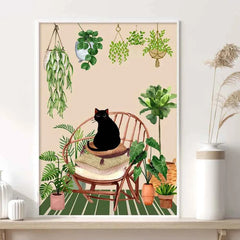 Black Cat & Green Plants Canvas – Abstract Boho Aesthetic Wall Art - Muselune