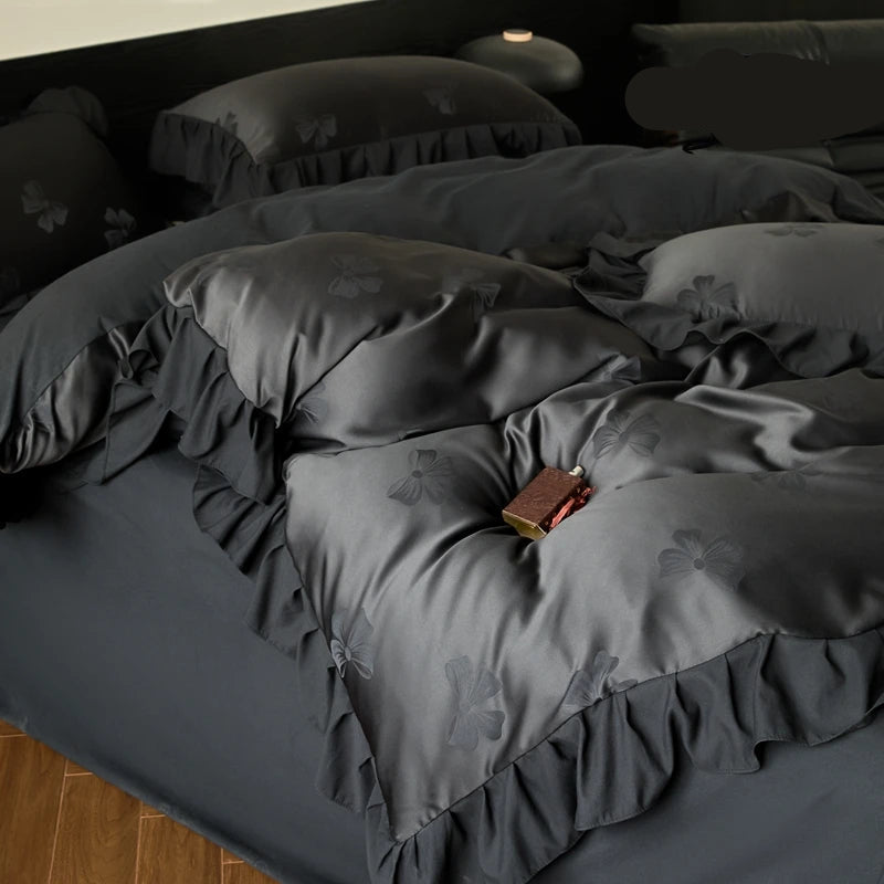 Black /White Butterfly knot jacquard Bedding Set - Muselune