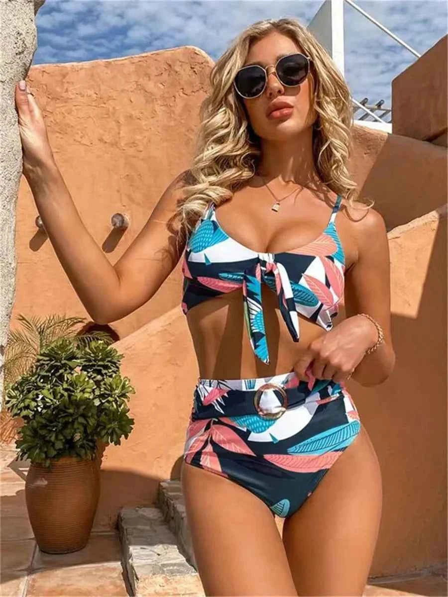 Floral Triangle Bikini Set – High Waist 3-Piece with Push-Up - Muselune