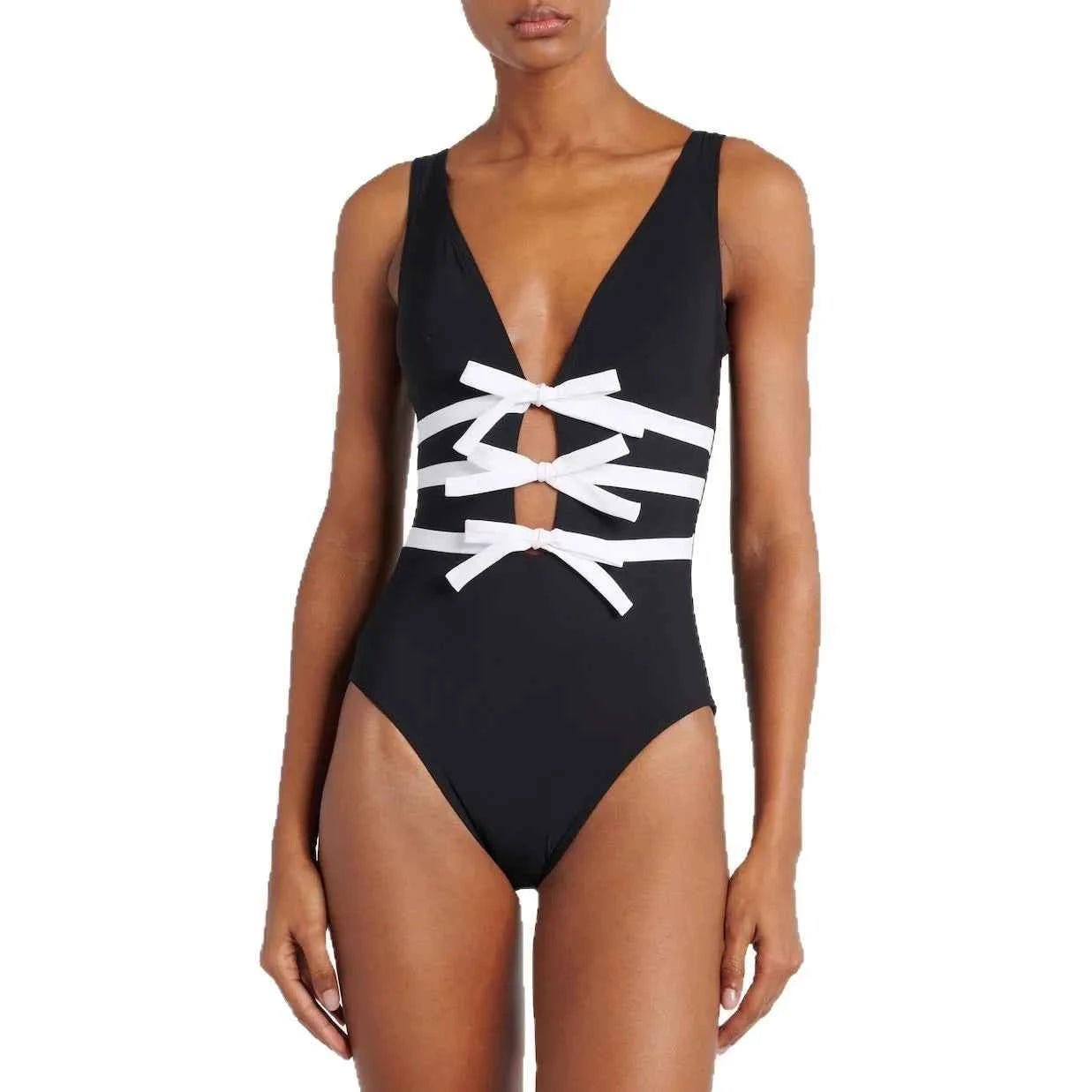One-Piece Swimsuit – V-Neck Bow Design, Hollow Out Style - Muselune