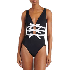 One-Piece Swimsuit – V-Neck Bow Design, Hollow Out Style - Muselune