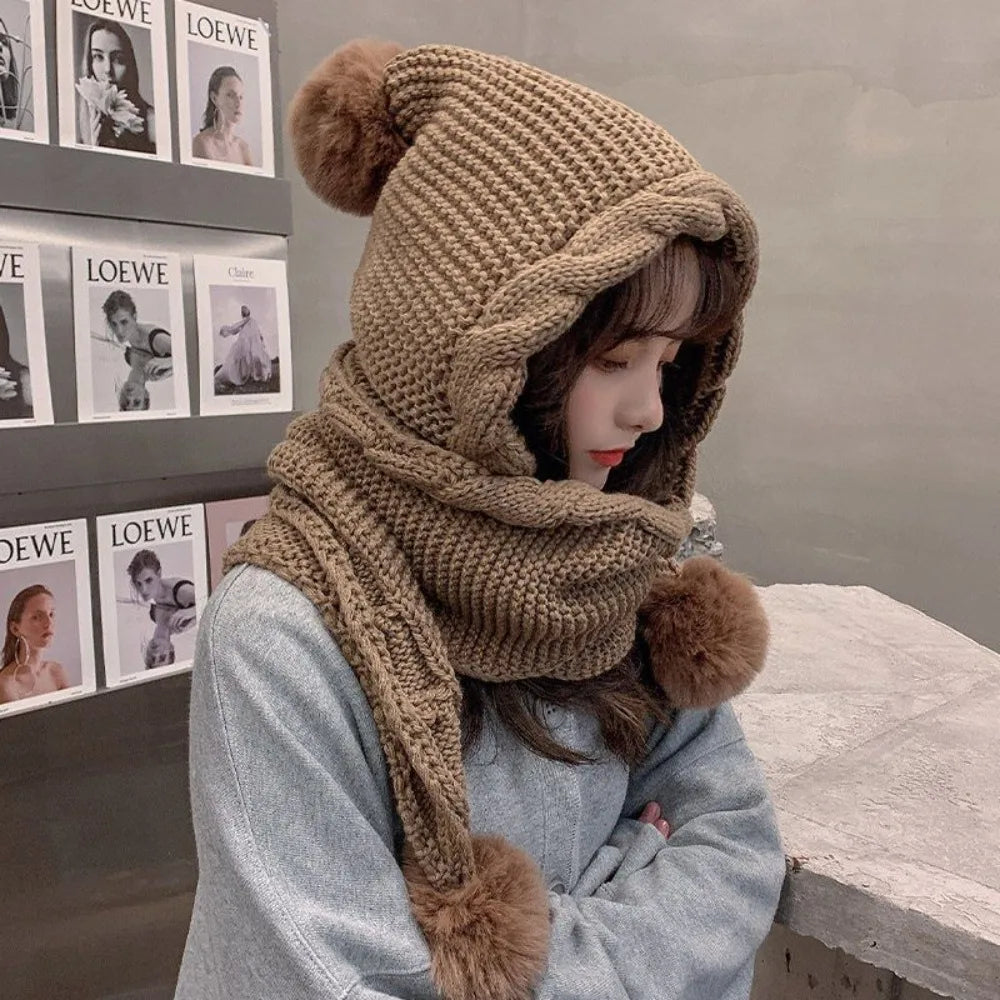 Cute Hooded Hat Ear Protection Thickened Knitted Hat /Scarf Muselune