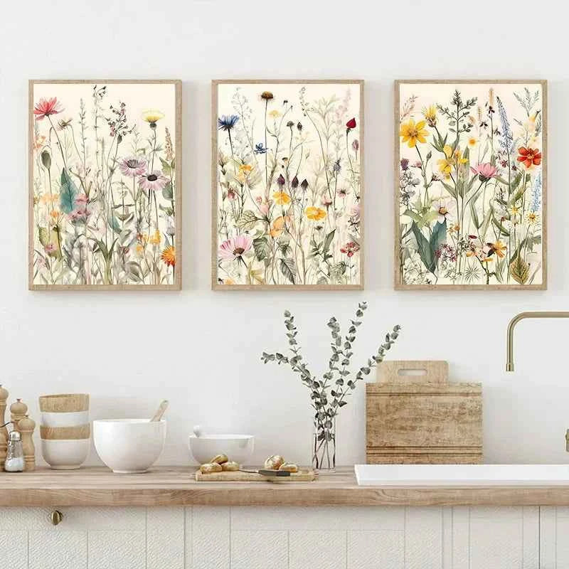 Modern Botanical Watercolor Canvas – Wild Flowers & Leaves Wall Art - Muselune