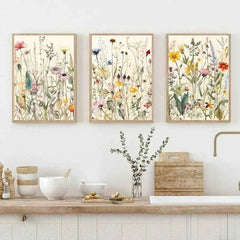Modern Botanical Watercolor Canvas – Wild Flowers & Leaves Wall Art - Muselune