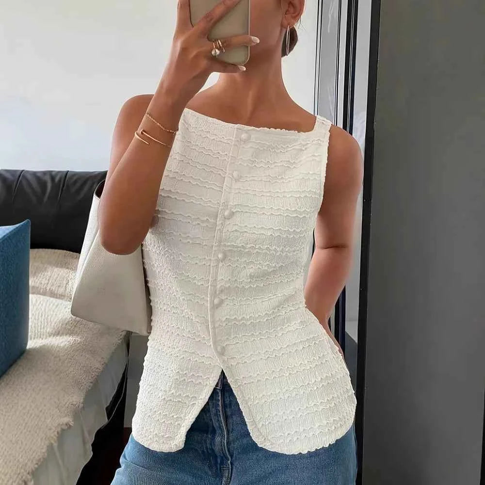 Elegant White Pleated Tank Top - Sleeveless Tee