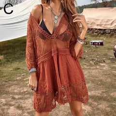 Sexy Mesh Bikini Cover-Up – Deep V-Neck Lace Beach Dress - Muselune