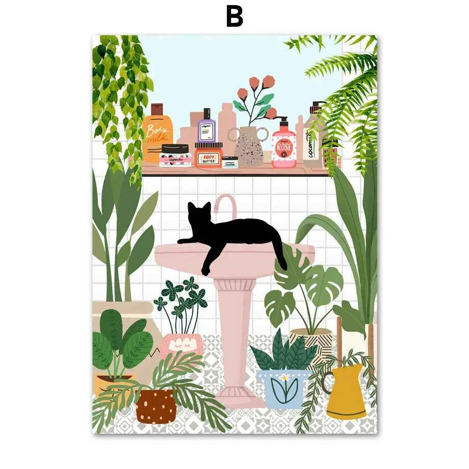 Black Cat & Green Plants Canvas – Abstract Boho Aesthetic Wall Art - Muselune